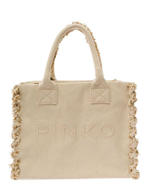 Borsa Shopper 'Beach' Con Ricamo Logo Lettering di Pinko in Natural