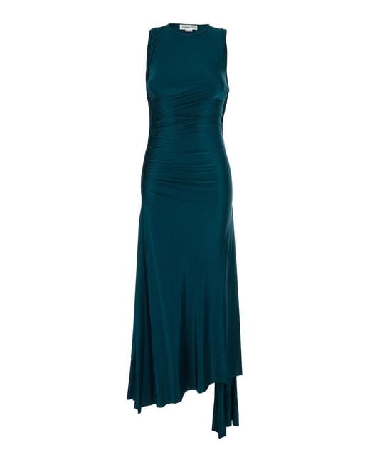 Victoria Beckham Blue Petrol Long Dress With Round Neckline And Ruffl