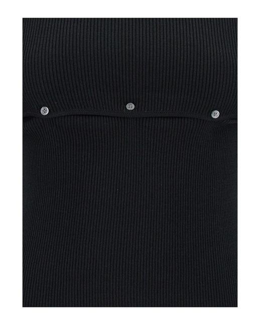 Low Classic Black Ribbed Top With Boat Neckline And Buttons