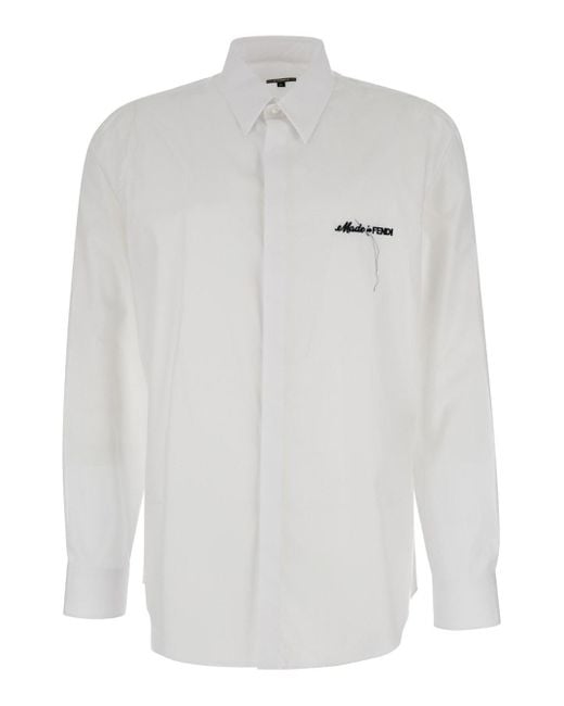 Fendi White Lettering Embroidered Shirt for men