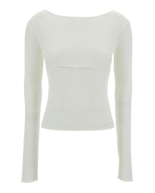 Low Classic White Ribbed Top With Boat Neckline And Buttons