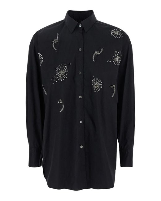 Le Plain Black Shirt With Classic Collar And Rhinestone Embellishments