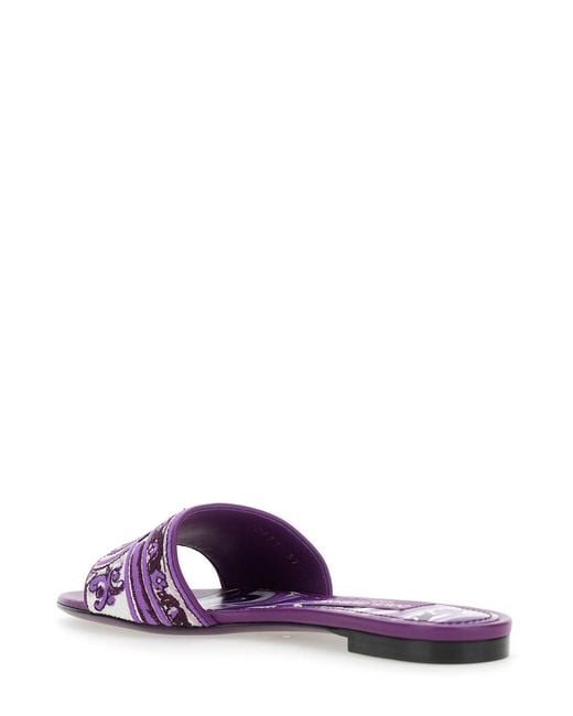 Dolce & Gabbana Purple Sandals With Logo Embroidery On The Front And All-Over Majolica Motif