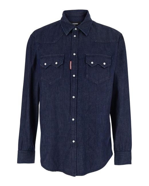 DSquared² Blue Shirt With Classic Collar And Two Front Patch Pockets With Buttons for men
