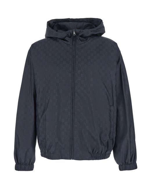 Gucci Blue Jacket With Fixed Hood And All-Over Gg Motif for men