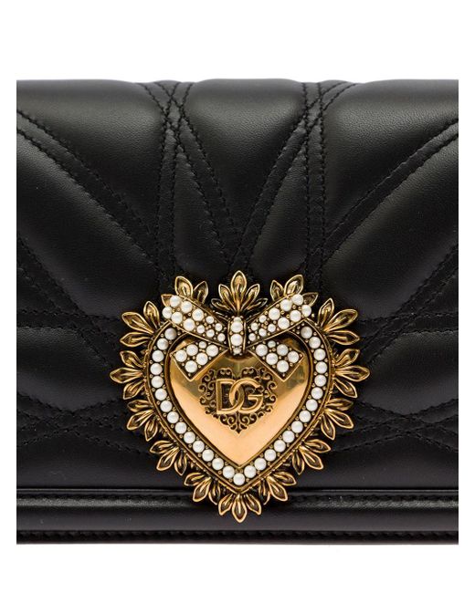 Dolce & Gabbana Black 'devotion' Shoulder Bag With Jewel Heart Detail In Matelassé Leather