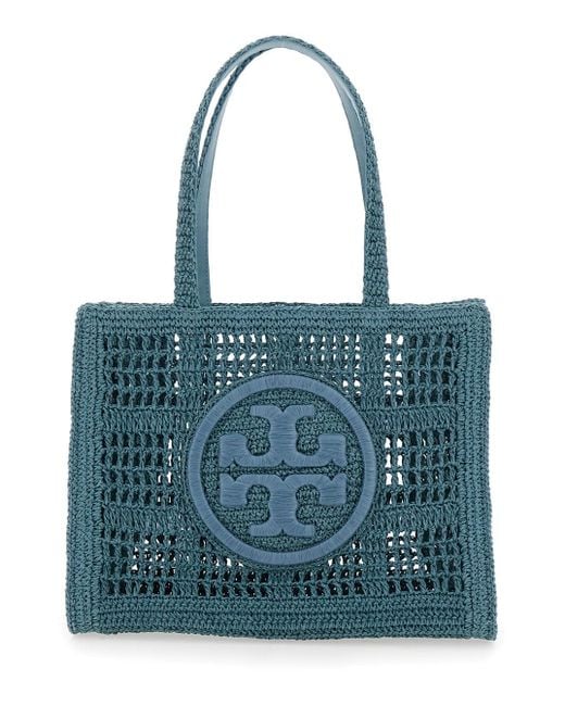Tory Burch Blue 'Ella' Shopper With Woven Design And Embroidered Logo On The Front
