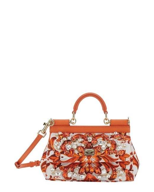 Dolce & Gabbana Red 'Sicily' Small Handbag With Floral Motif And Lo
