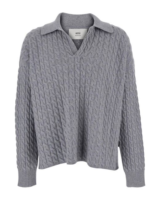 AMI Gray Cable Knit Polo Sweater for men