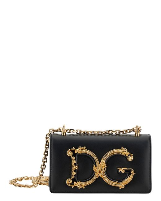 Dolce & Gabbana Dg Girls Black Phone Bag With Chain Strap And Baroque Logo In Leather