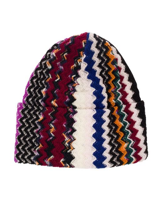 Missoni Red Beanie With Zigzag Motif In Wool