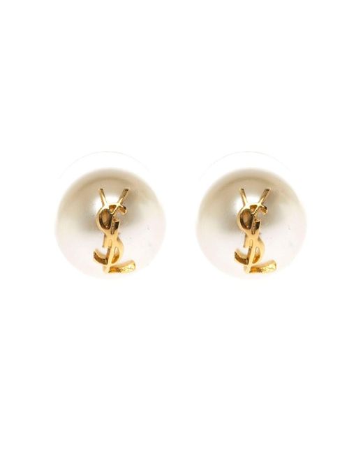 Saint Laurent White Ysl Pearl Metal Earrings With Logo