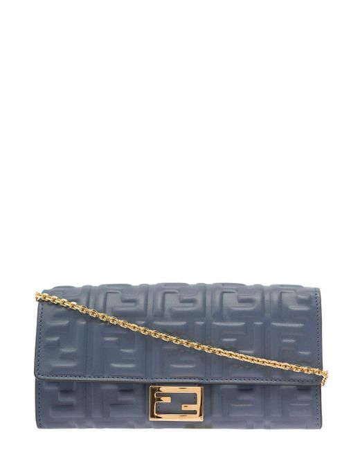 Fendi Blue 'continental' E Chain Wallet In Ff Quilted Leather Woman