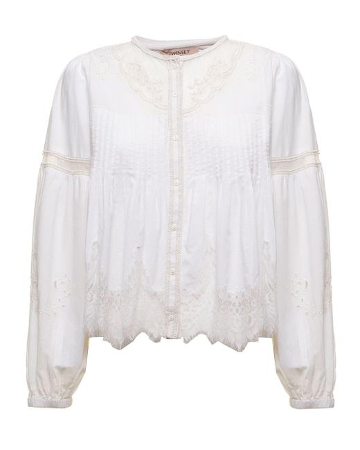 Twinset White Twin Set Woman's Hand Made Cotton Muslin Shirt With Lace Inserts