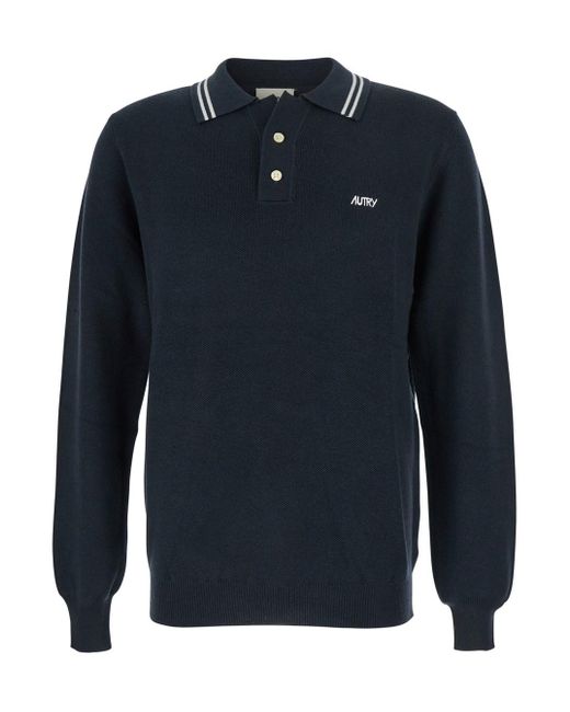 Autry Blue Long-Sleeve Polo Shirt With Striped Collar for men
