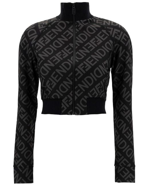 Fendi Black Long-sleeve Crop Top With All-over Logo Lettering Print In Polyamide Blend