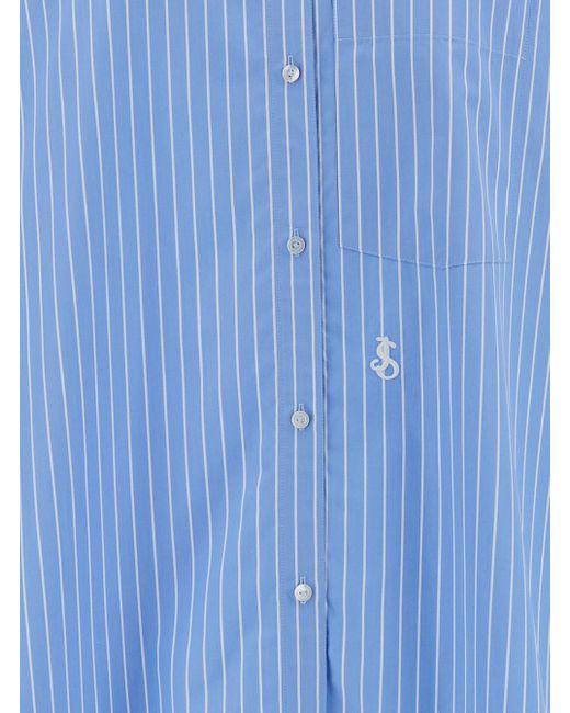 Jil Sander Blue Long Light Striped Shirt With Logo Embroidery