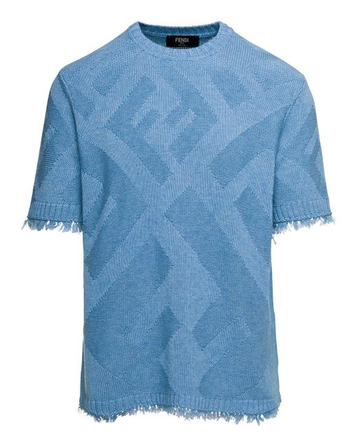 Fendi Blue T-shrt With Oblique Ff Motif And Fringes In Cotton Man for men
