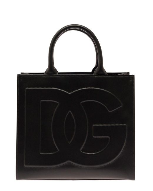 Dolce & Gabbana 'dg Daily Medium' Black Handbag With Dg Logo Detail In Smooth Leather Woman