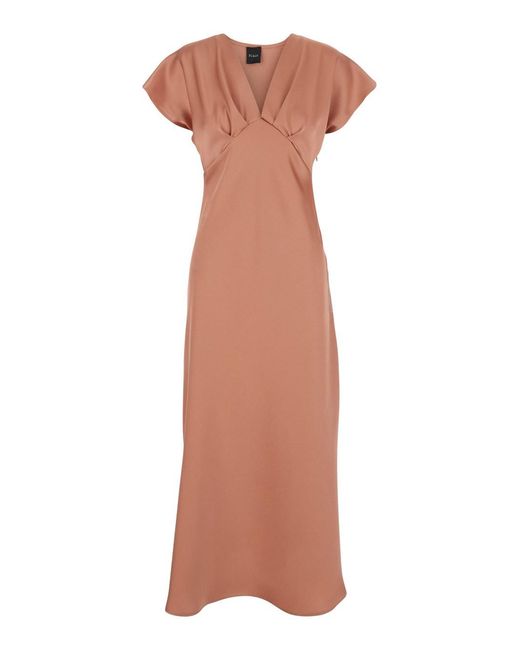Le Plain Pink Long Dress With V-Neck And Ruches On The Front
