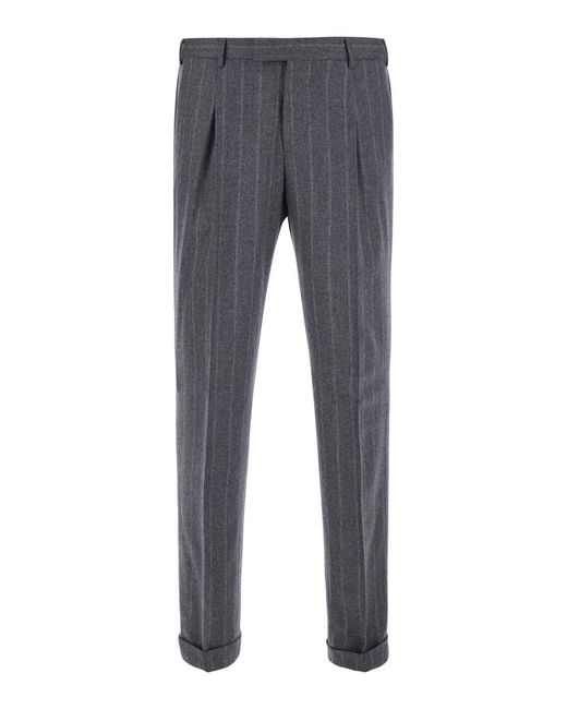 PT Torino Gray Pants With Front Pleats And All-Over Stripes for men