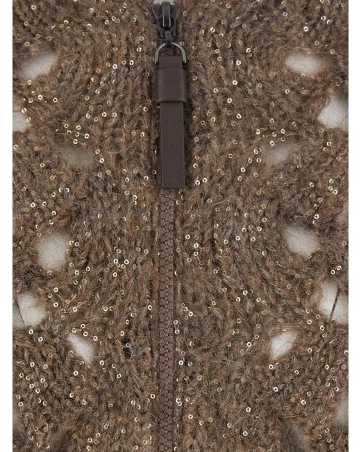 Brunello Cucinelli Brown High-Neck Cardigan With Cable Knit Design In