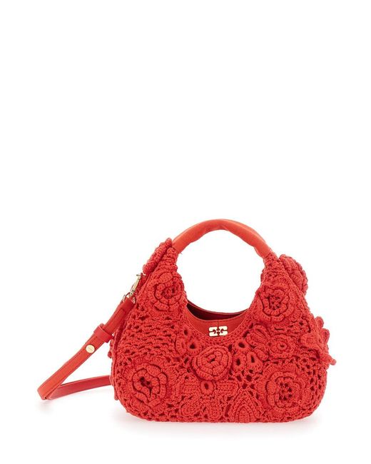 Ganni Red Handbag Hobo Mini Crochet Cotton