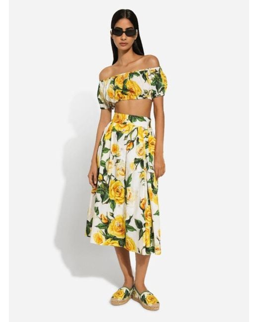 Dolce & Gabbana Yellow Midi Skirt With All-Over Flower Print