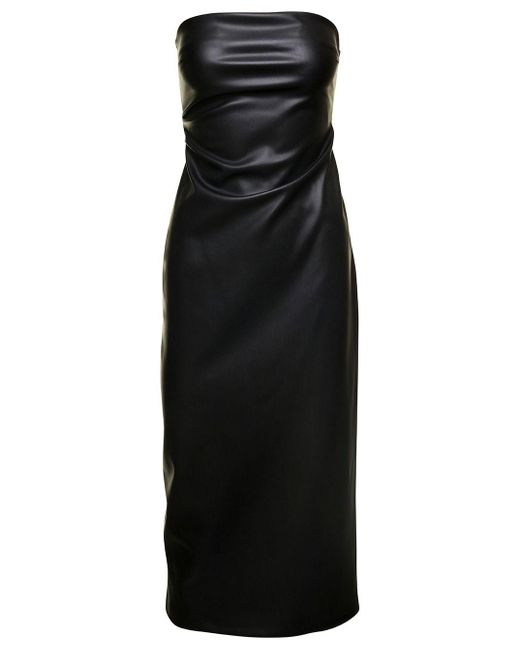 Plain Black Midi Bustier Dress With Side Fastening In Faux Leather