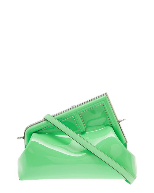 Fendi Green ' First Midi' Mint Handbag With Oversized Metal F Clasp In Patent Leather Woman