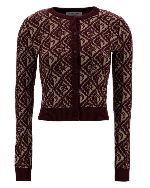 MARINE SERRE Brown Bordeaux Cropped Cardigan With All-over Moon Diamant Print In Wool Blend
