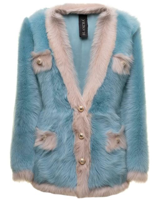 Blancha Blue Fur Jacket With Contrasting Piping And Nacrel Buttons Woman