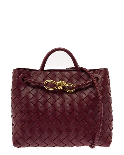 Bottega Veneta Purple 'andiamo Piccola' Handbag With Intreccio Motif And Knot Detail In Leather