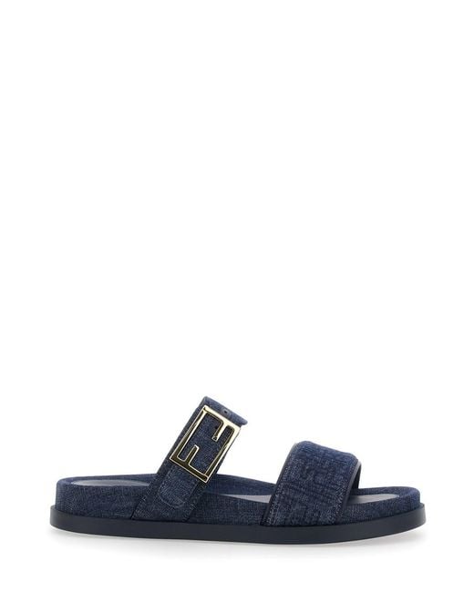 Fendi Blue 'Feel' Sandals With Metallic Ff Plate And Embroidered Logo