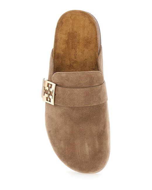 Tory Burch Brown Suede Mellow Slip-On Mule With Metal Logo Buckle For Bovine Flat Shoes
