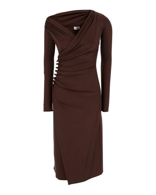 Abito Midi Drappeggiato Con Scollo Asimmetrico di Elisabetta Franchi in Brown