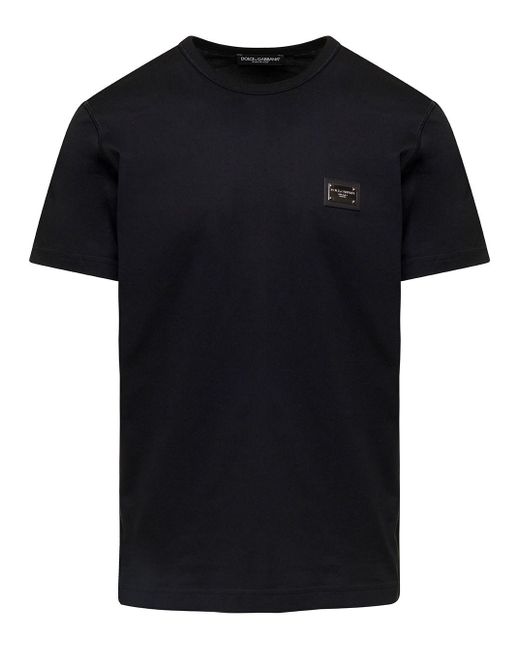 Dolce & Gabbana Black T-shirt With Logo Plate On The Chest In Cotton Man for men