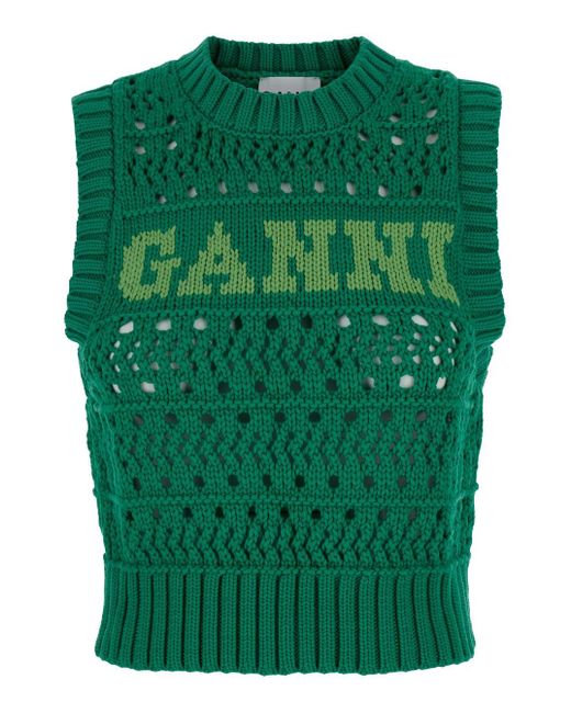Ganni Green Crochet Vest With Logo