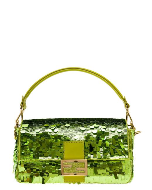 Fendi Green 'baguette' Medium Acid Handbag With All-over Metallised Sequins Woman