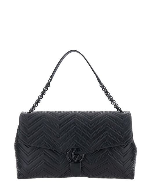 Gucci Black Crossbody Bag With Sliding Chain-Link Shoulder Strap And Gg Plaque Closure On The Front