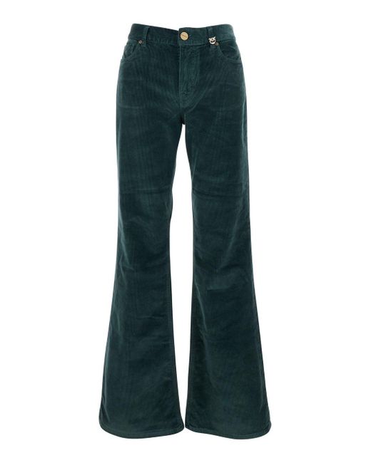 Pinko Blue Green Pants With Plaque On The Front And Logo Patch On The Back In Corduroy Woman