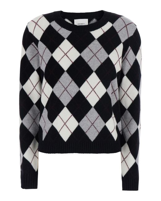 Lisa Yang Black Antoni Argyle Sweater With V-Neck And Long Sleeves