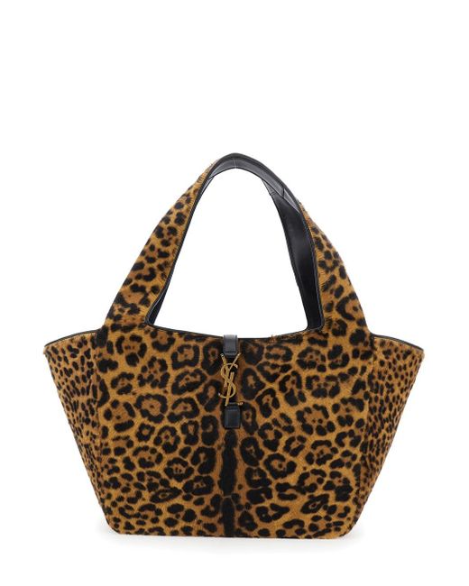 Saint Laurent Brown Tote Bag With Cassandre Hook Closue And Leopard Print