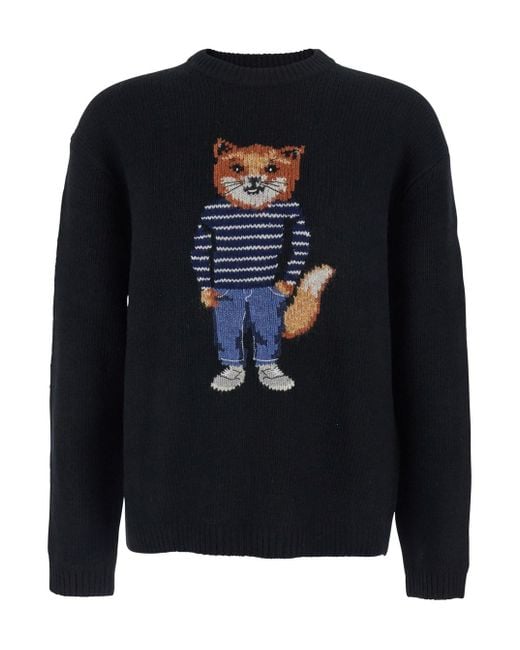 Maison Kitsuné Black Crewneck Sweater With Logo Embroidery for men