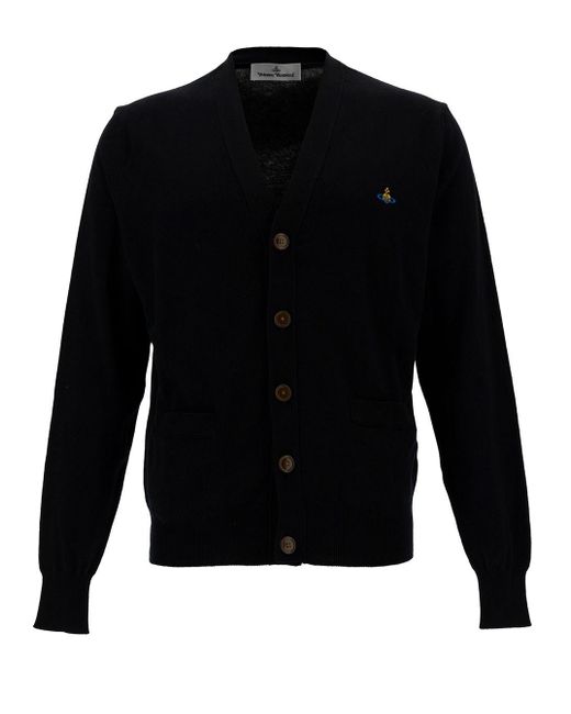 Vivienne Westwood Black V Neck Cardigan With Orb Embroidery In Cotton And Cashmere Man for men