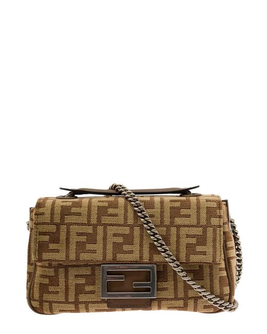 Fendi Brown 'baguette' Midi Chain Bag With Ff Tapestry Motif In Chenille Woman