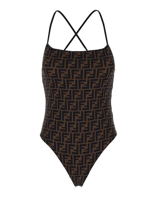 Fendi Black And One-Piece Swimsuit With Ff And Stripe Motif