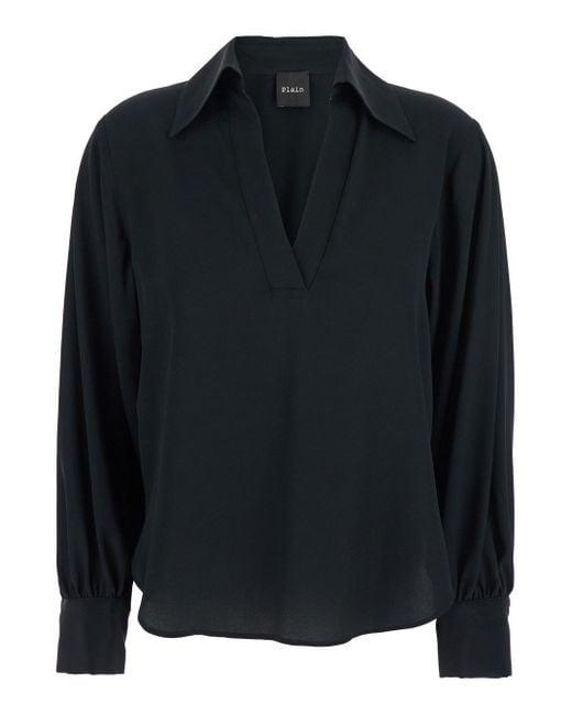 Le Plain Black Blouse With Polo Shirt Style Collar And V Neck