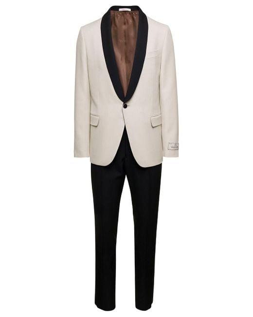 Valentino Garavani Natural White And Black Single-breasted Suit With Logo Patch In Wool for men