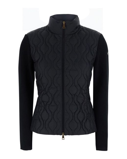 Moncler Black Cardigan With Padded Design On The Front And Logo Patch On The Sleeve